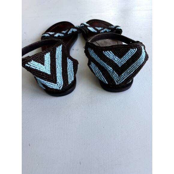 sz 8 Womens Sandals Turquoise Brown Beaded Leather Ankle Strap By Roper - Picture 4 of 5